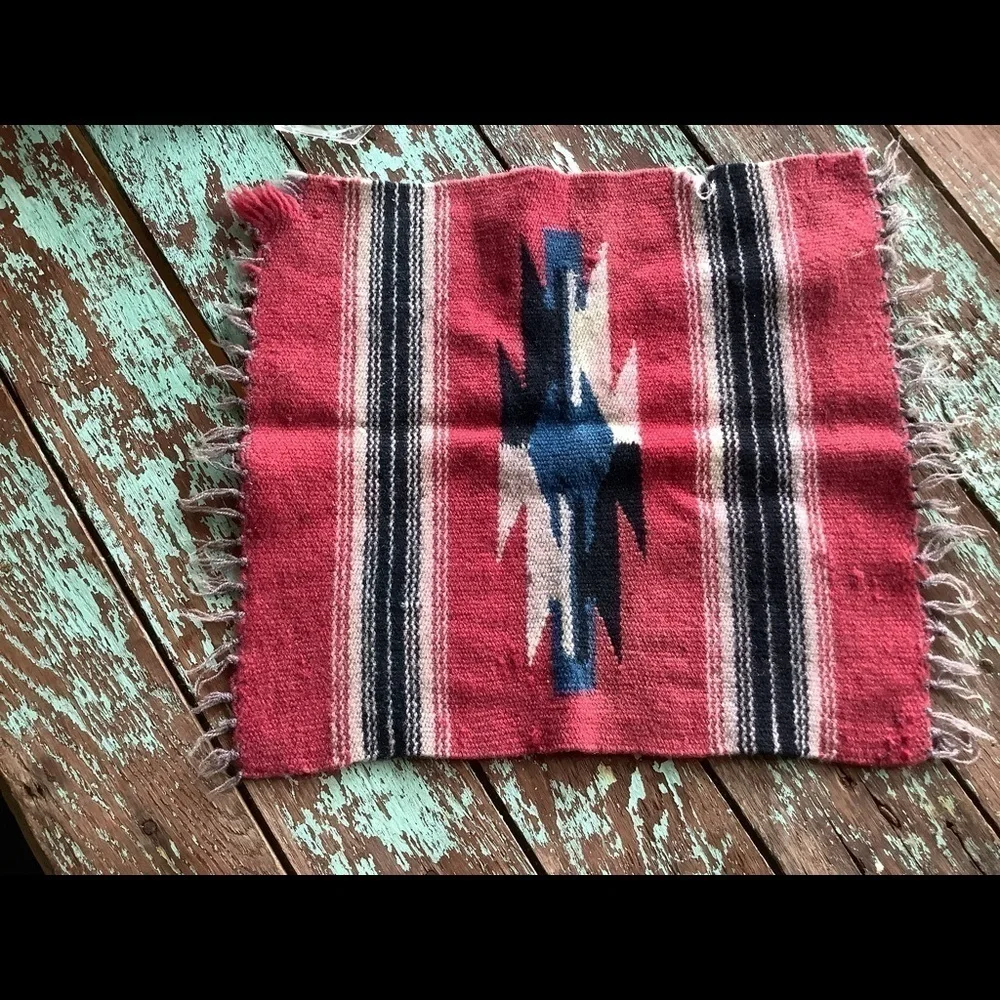 Vintage Fringed Aztec Southwest Bohemian Textile Small Rug Table Decor